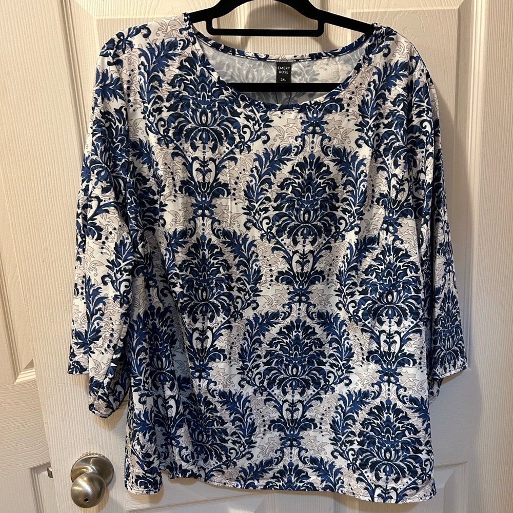 Emery Rose 3XL Elegant Blue & White Women's Top With 3/4 Sleeves NWT